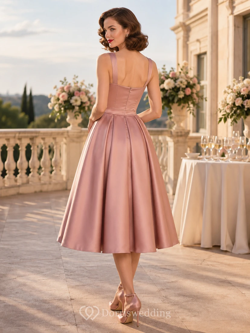 Rosafarbenes A-Linien-Cocktailkleid aus Satin mit Spaghettiträgern in Teelänge view 2