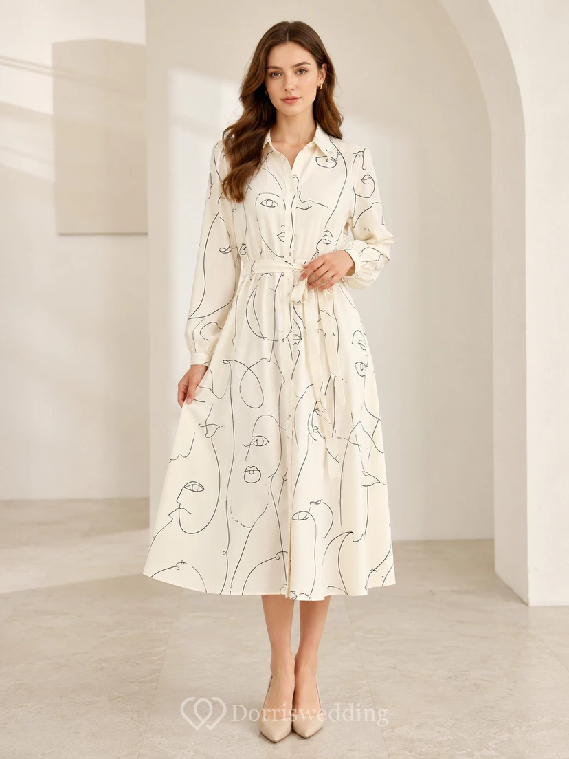 Robe midi à manches longues et col chemise à motif linéaire