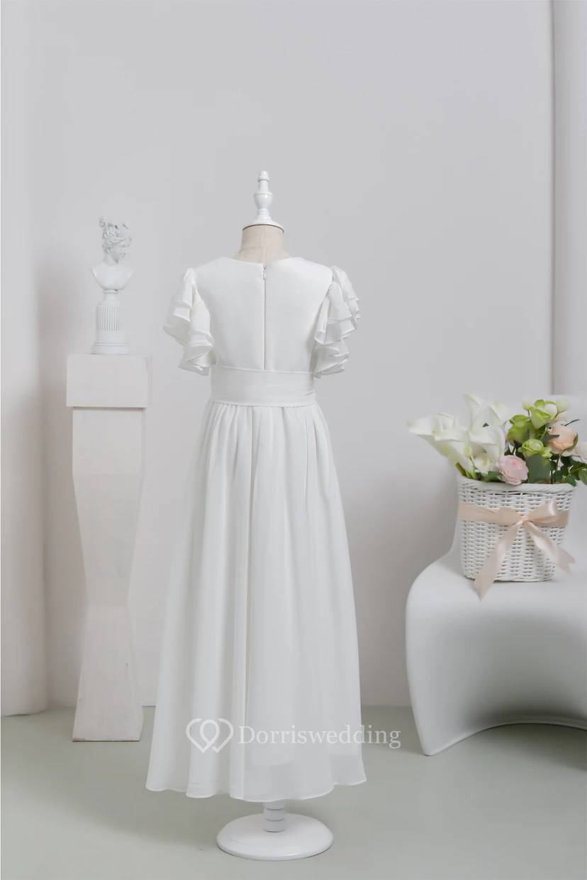 White First Communion Bowed Chiffon Flowergirl Dress with Ruffled Sleeve view 2