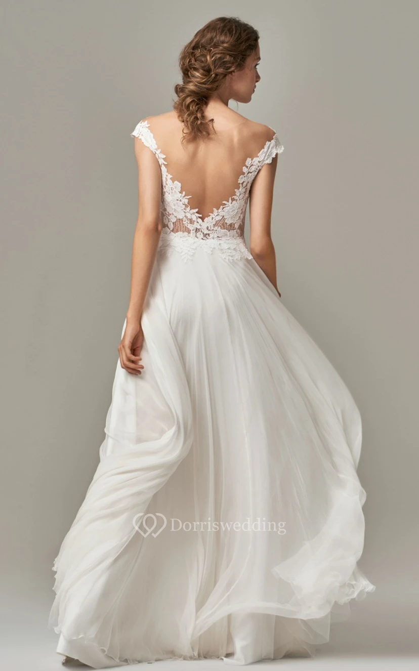 Elegantes, bodenlanges Brautkleid aus Chiffon und Spitze in A-Linie mit kurzen Ärmeln und Applikationen im U-Boot-Stil view 2