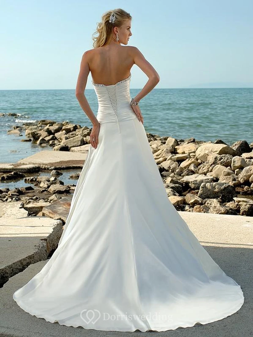 A-line Strapless Court Train Satin Beading Wedding Dresses Styles view 2