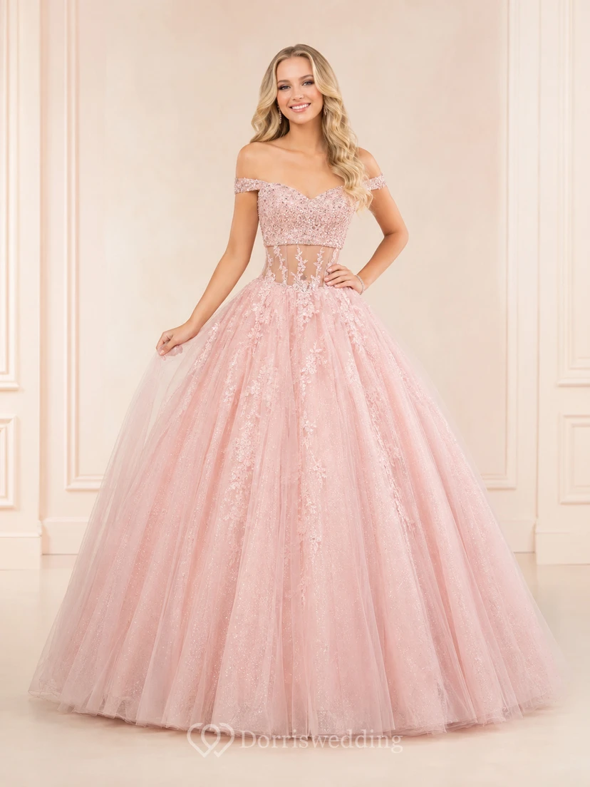Zartrosa, luxuriöses zweiteiliges schulterfreies, perlenbesetztes Tüll-Ballkleid für den 16. Geburtstag