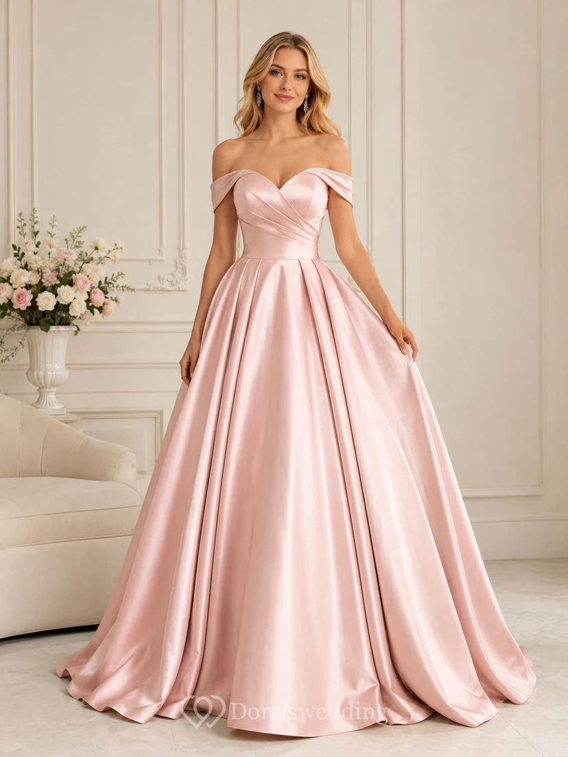 Blushing Pink Satin Off Shoulder Short Sleeve Ball Gown Sweep Train Prom Dress