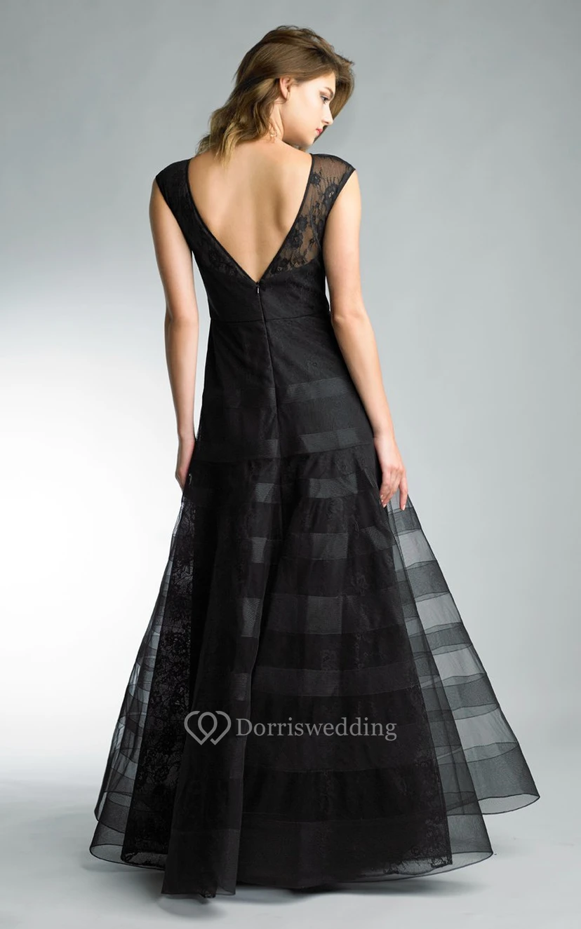 A-line Floor-length Jewel Short Sleeve Lace Low-V Back Dress view 2