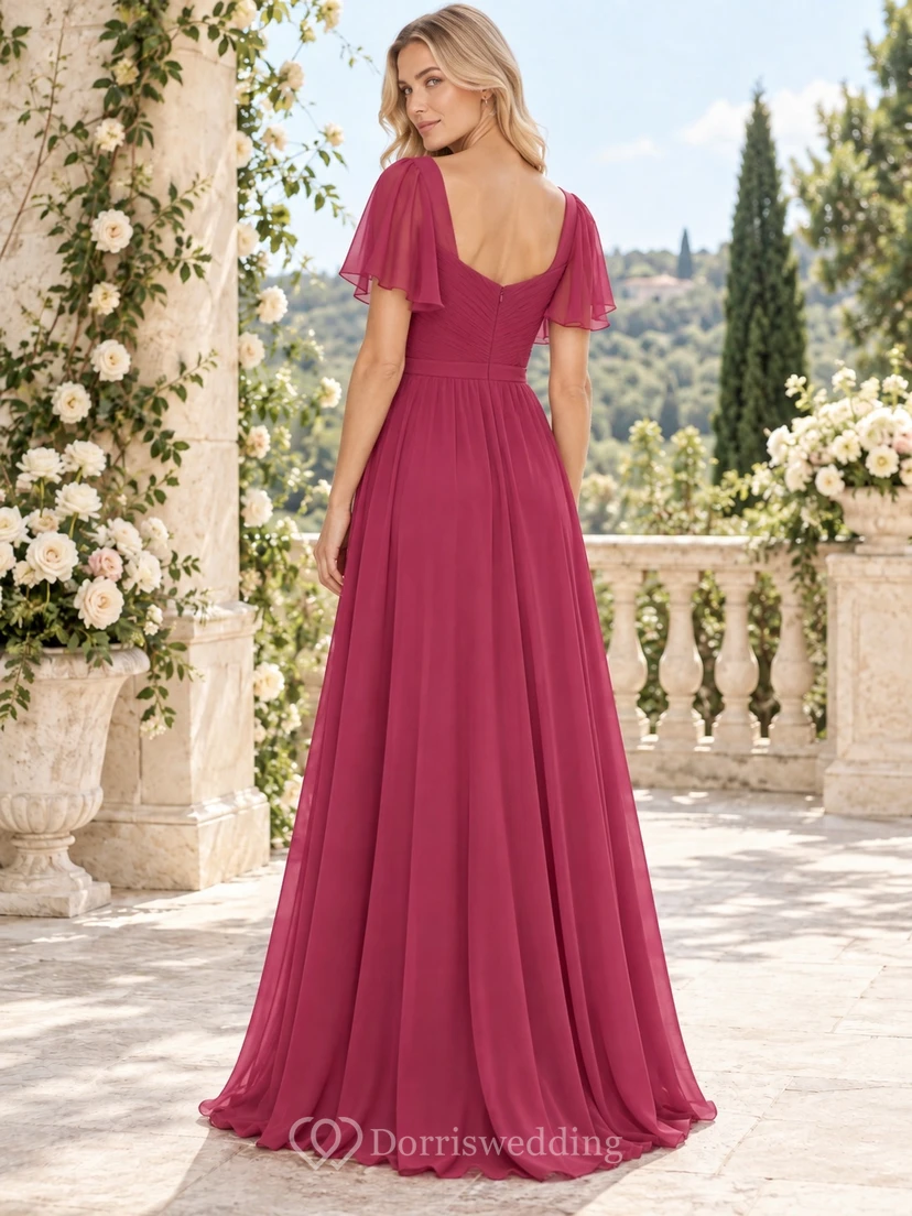 Einfaches himbeerfarbenes A-Linien-Brautjungfernkleid aus Chiffon mit herzförmigem Dekolleté, flatternden Ärmeln und Raffungen, bodenlang view 2