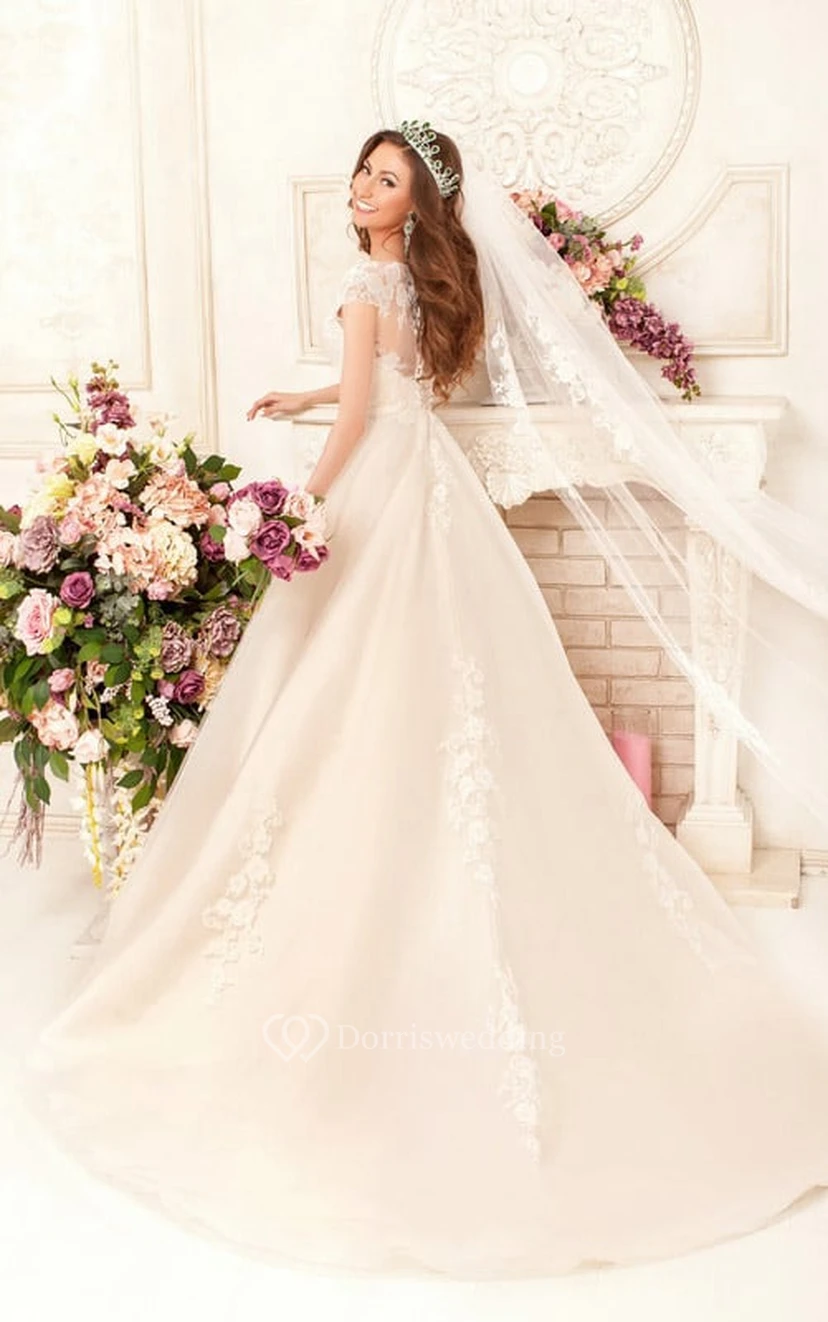 Ball Gown Floor-Length V-Neck Cap-Sleeve Illusion Lace Dress With Appliques And Waist Jewellery view 2