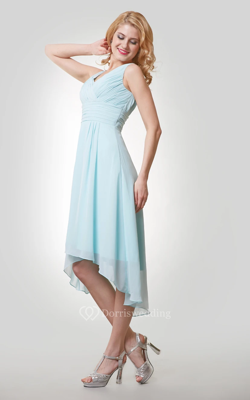 High-Low Chiffon Sleeveless V-Neck Dress With Ruching view 2