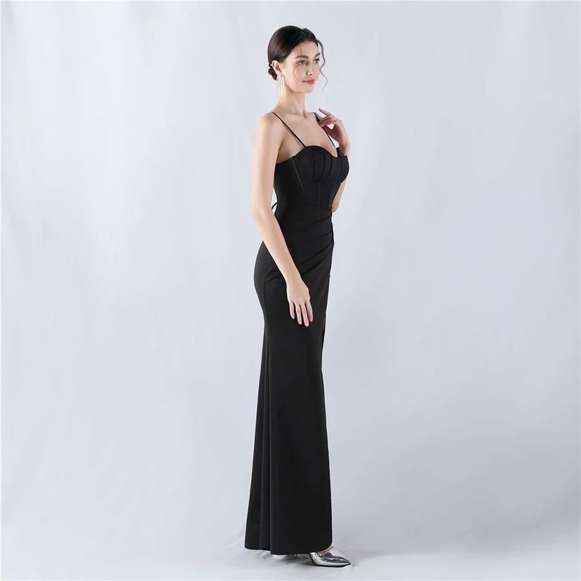 Fishbone Waist Strap Satin Host Meeting Evening Dress view 67