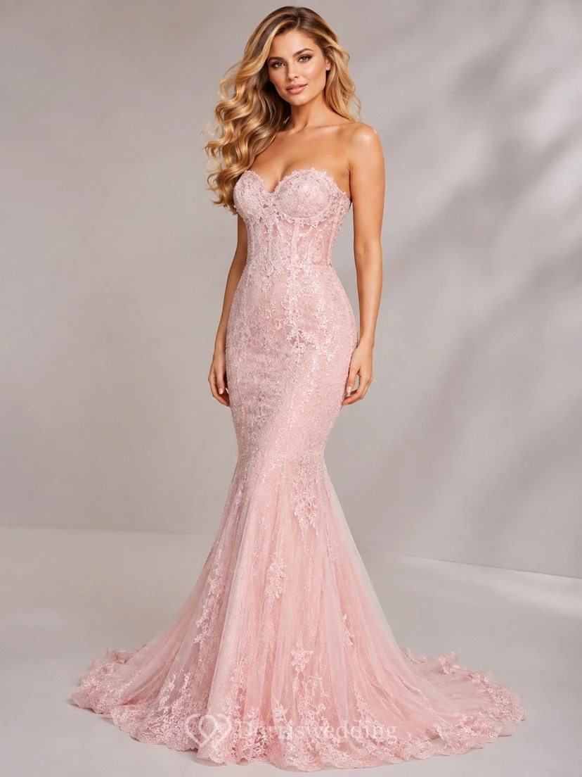 Vestido de noche formal de lujo estilo sirena, sin tirantes, con encaje y cola larga.