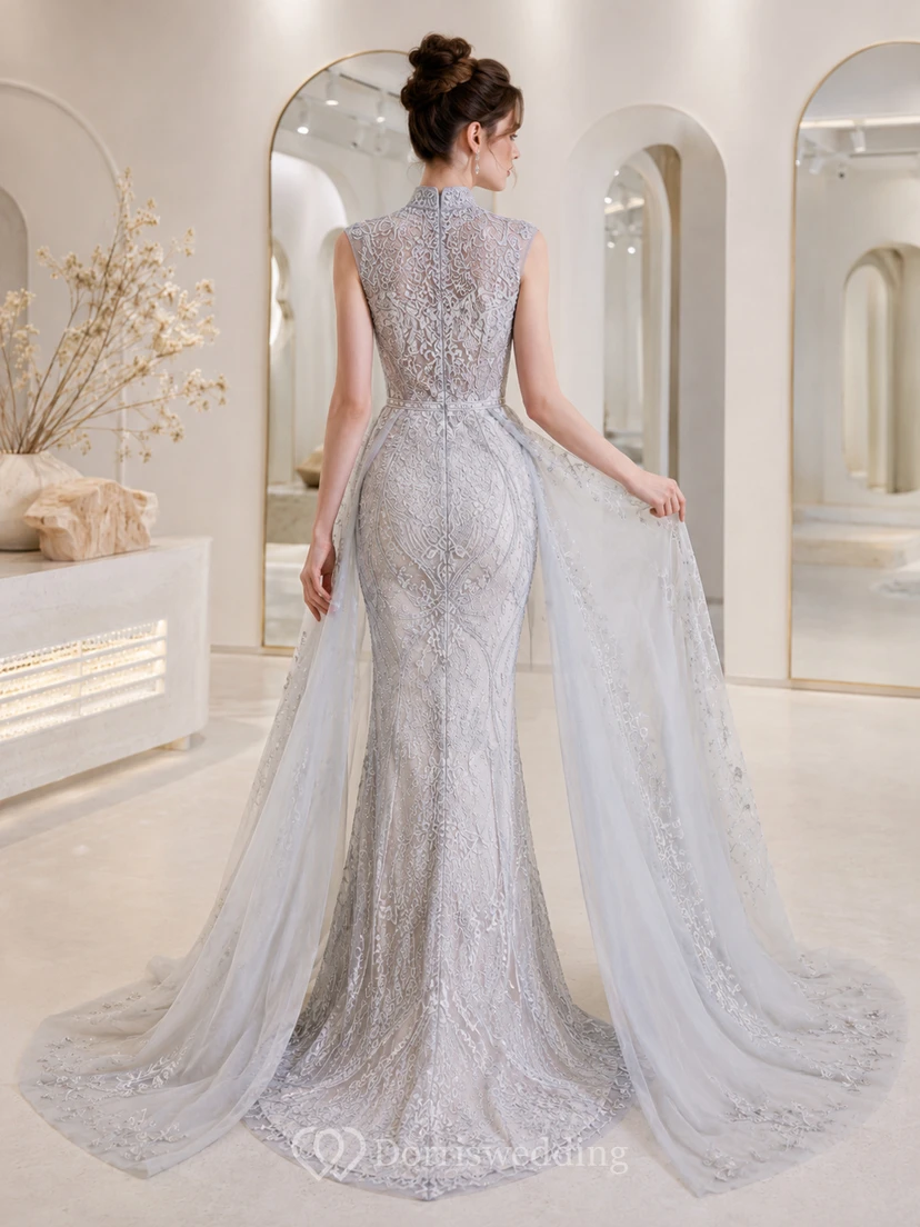 Robe de mariée sirène sans manches à col montant en dentelle perlée, cape zippée et traîne courte view 2