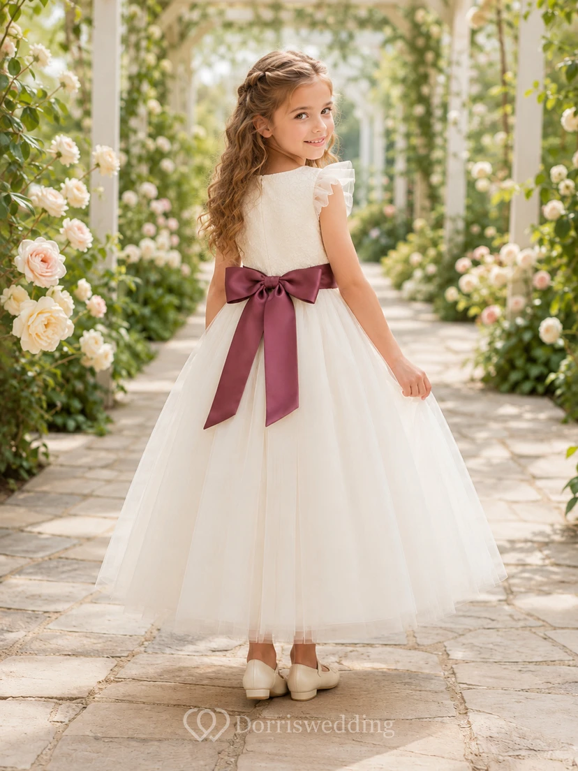 Flower Girl Dress A-Line Cream Plum Sash Tulle Flutter Sleeve Garden view 2