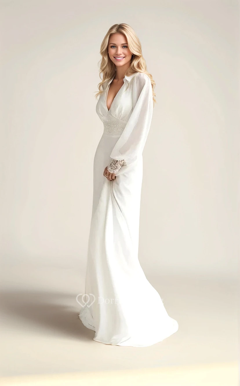 Ätherisches, bohemisches Chiffon-Hochzeitskleid mit Spitzendetails und Bischofsärmeln view 6