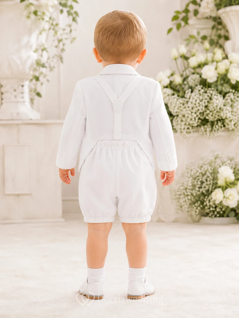 White Blazer Suspender Bubble Short Christening Suit Outfit for Baby Boy view 2