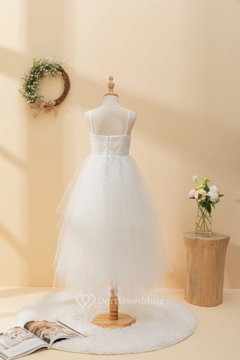 Casual Spaghetti Lace Top A-line Flowergirl Dress with Tulle Skirt view 2