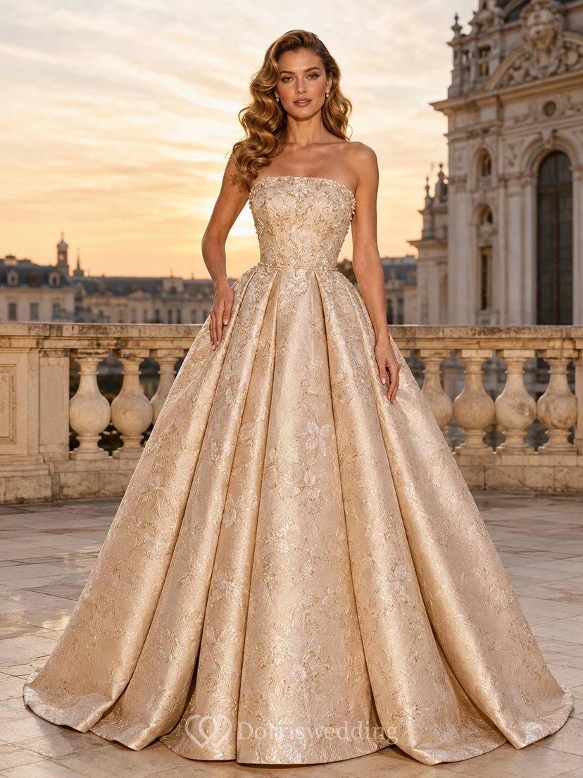 Champagne V Neck Sleeveless Satin Organza Ball Gown Dress