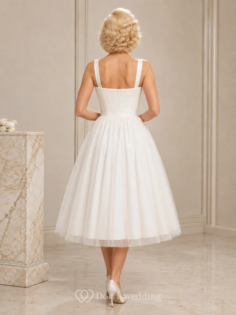 White Square Neck Sleeveless Sash Tulle Tea-Length A-Line Dress view 2