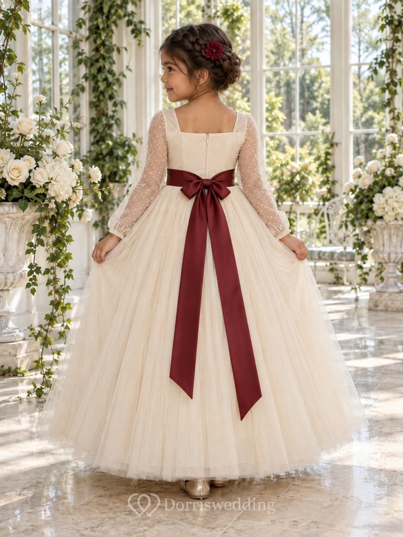 Square-Neck Long-Sleeve Ivory A-line Tulle Dotted-sleeve Floor-length Burgundy-sashed Flower Girl Dress view 2