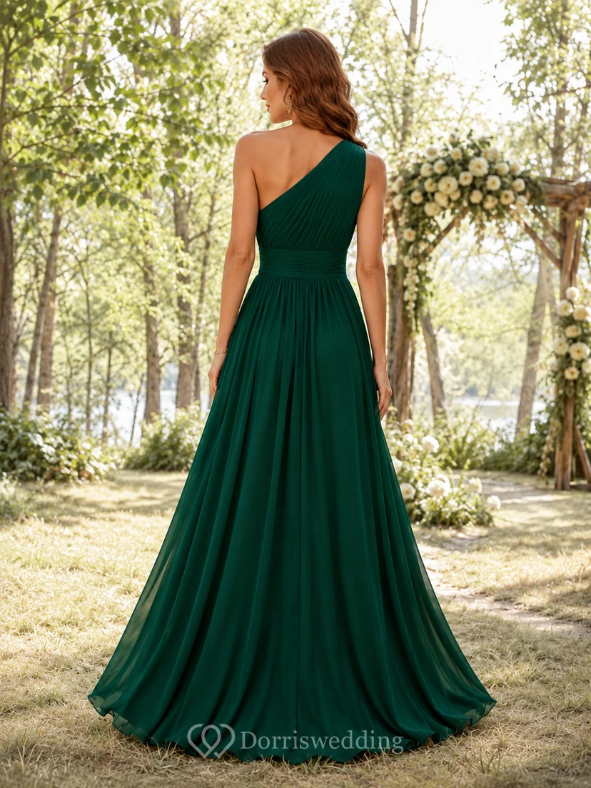 Forest Dark Green One-Shoulder Chiffon A-Line Floor-Length Slit Dress view 2
