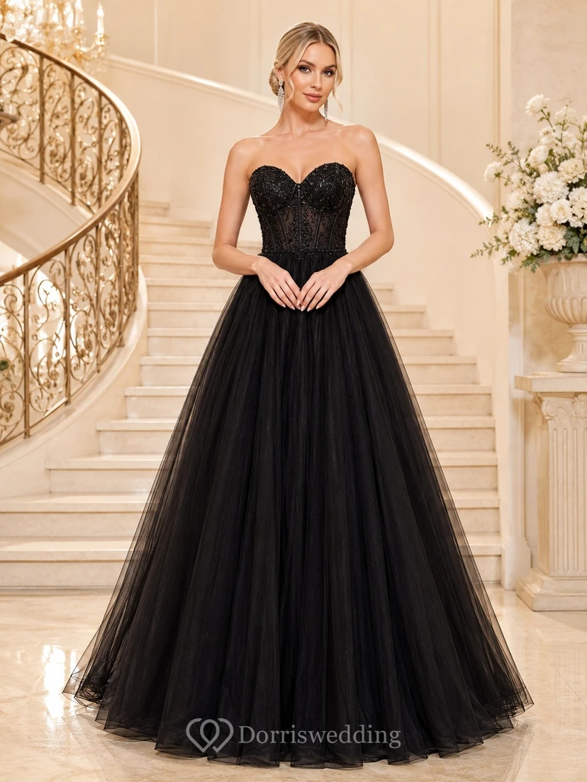 Luxury Black Sweetheart Sleeveless Floor-length Tulle Ball Gown Dress