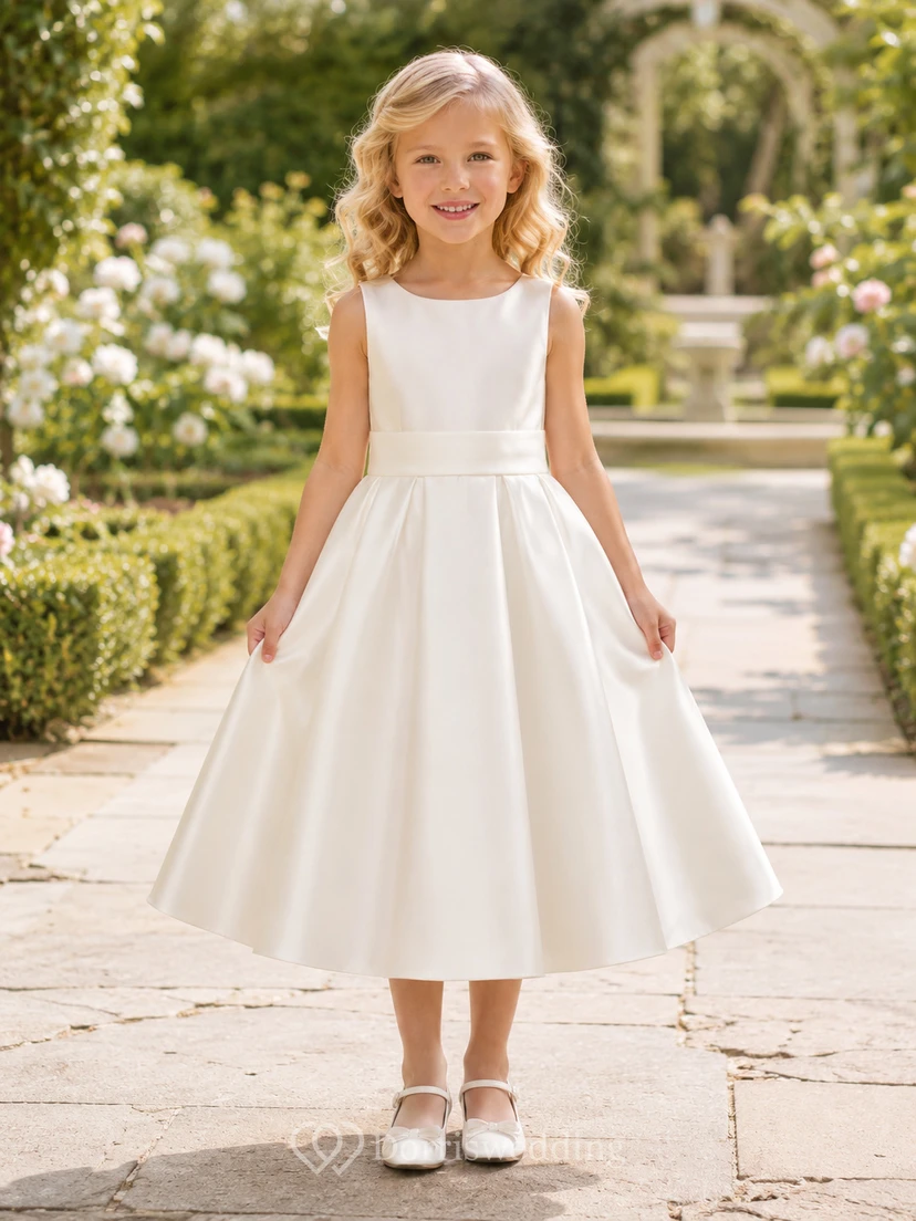 Flower Girl Dress Ivory Satin A-Line Jewel Neck Tea Length Bow Detail