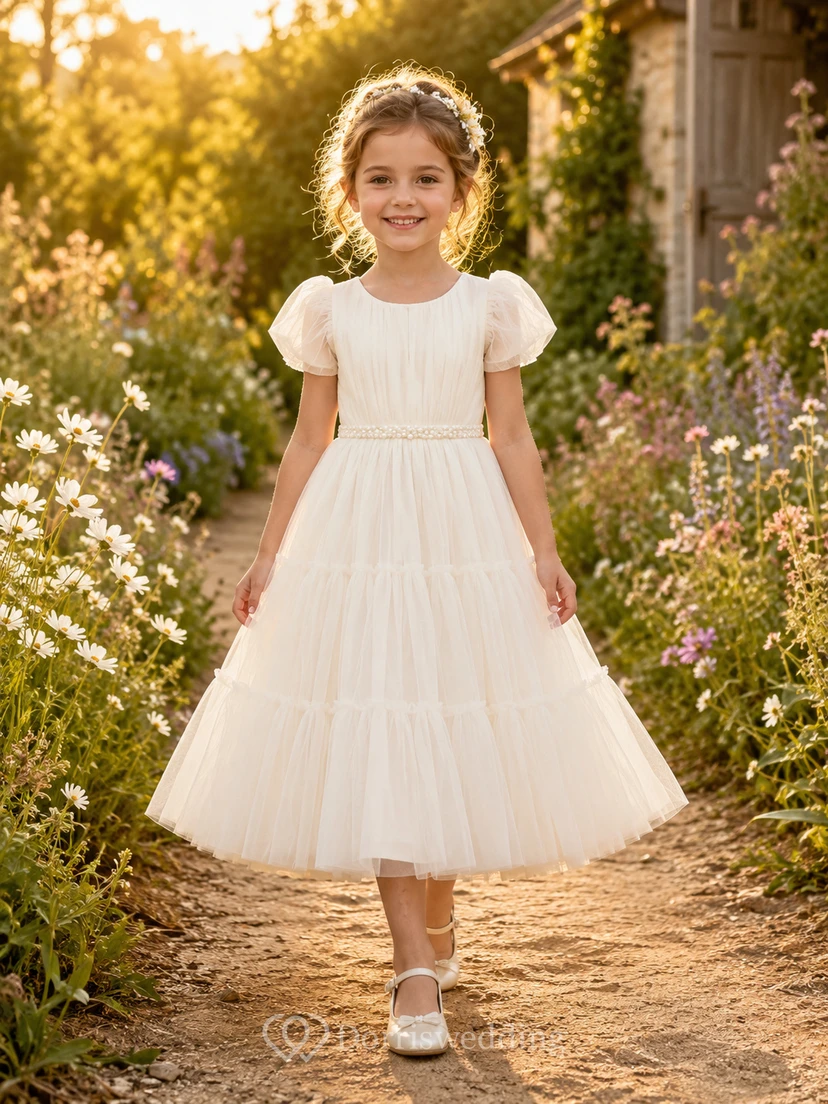 Flower Girl Dress Ivory Lace Tulle A-Line Jewel Neck Tea Length