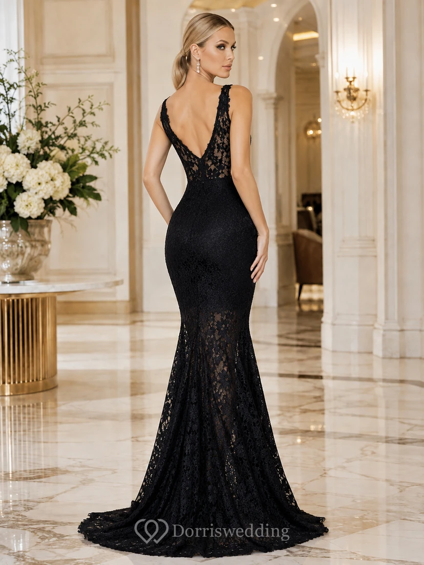 Schwarzes, ärmelloses, luxuriöses Meerjungfrauen-Abendkleid mit tiefem V-Ausschnitt aus Spitze view 2
