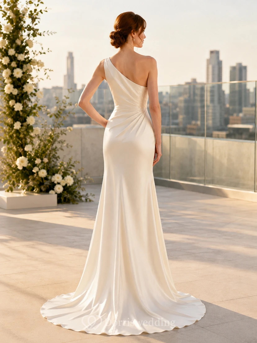 One Shoulder Satin Sheath Minimalist Civil Wedding Dress view 2