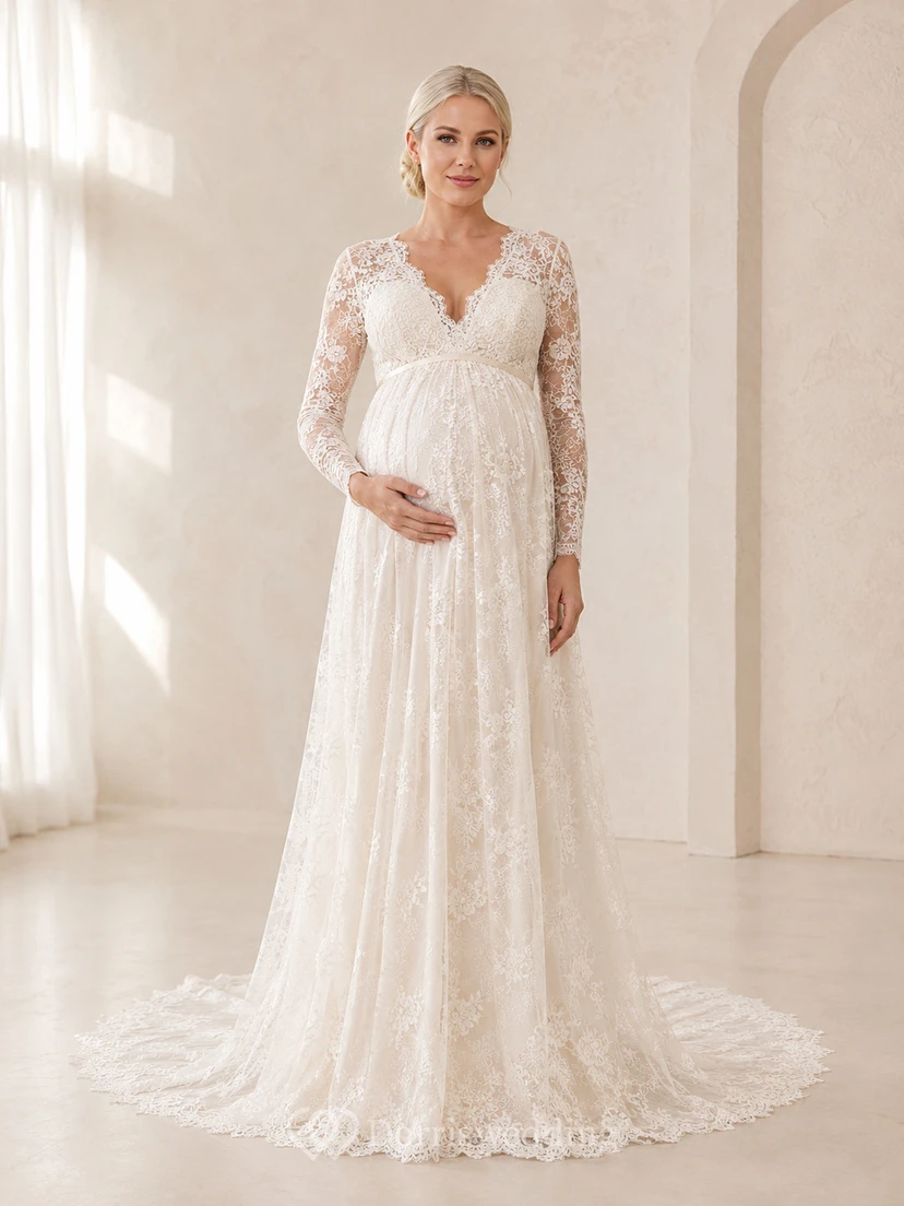 Maternity Wedding Dress V-Neck Long Sleeve Full Lace Bridal Gown with Soft Train