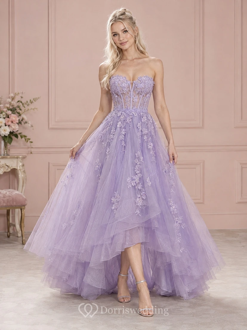 High-low Lavender Strapless Sweetheart Floral Tulle Corset Prom Dress