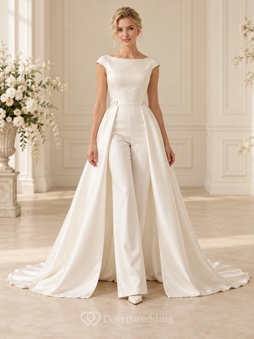 Boat Neck Cap Sleeve Bow Waist Overskirt Bridal Jumpsuit