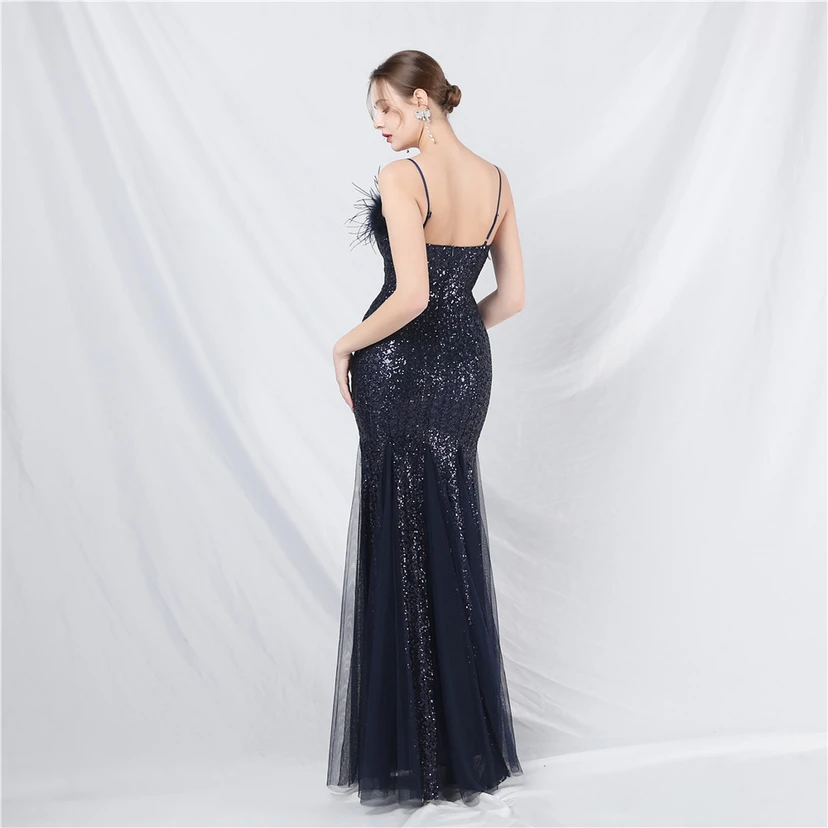 Craft Ostrich Feather Mesh Sequined Long Evening Dress view 42