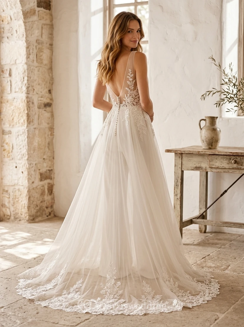 Deep V Bridal Jumpsuit with Tulle Overskirt and Low Back view 2