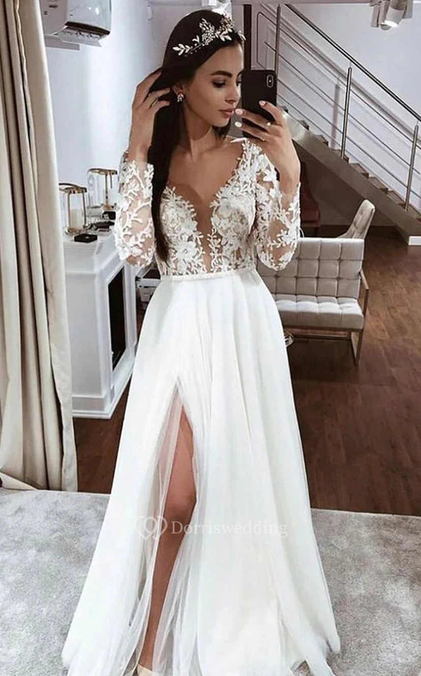 Vestido de novia de gasa con escote en V pronunciado, mangas largas y corte imperio, estilo imperio. view 2