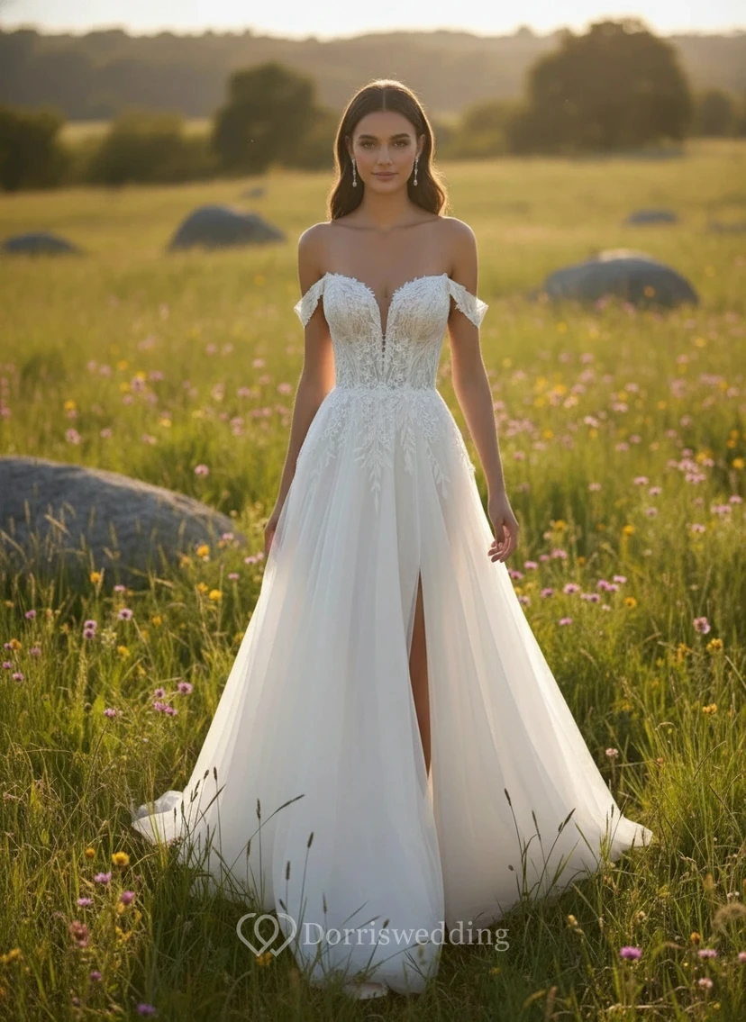 Robe de mariée bohème à épaules dénudées et coupe trapèze avec traîne