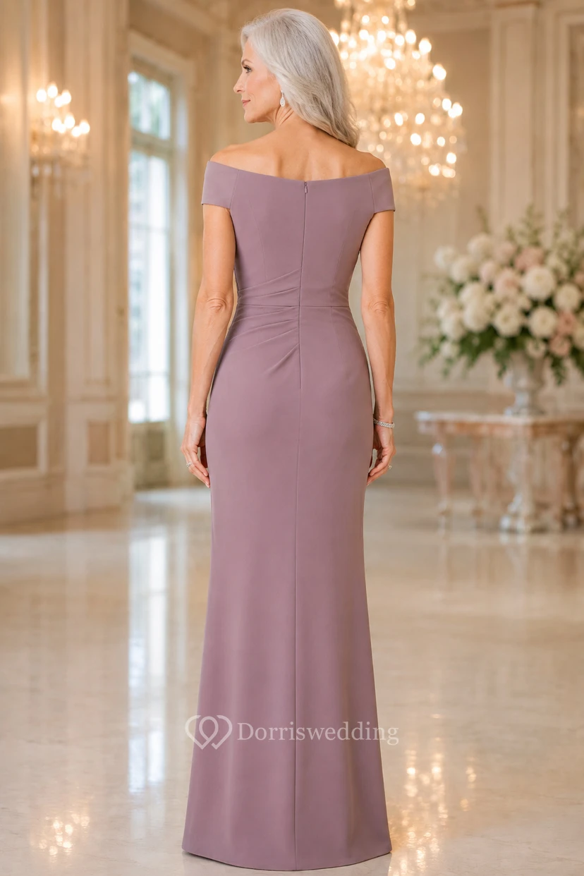 MOB Kleid, mauvefarbenes Etuikleid aus Stretch-Satin, kurze Ärmel, schulterfrei, bodenlang, drapiert view 2
