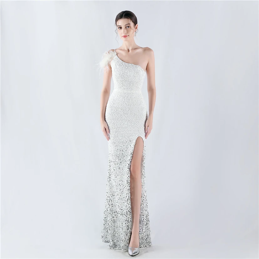 Gradient Velvet Bottom Sequins Craft Beading Ostrich Hair One-Shoulder Oblique Collar High-Slit Evening Dress video preview