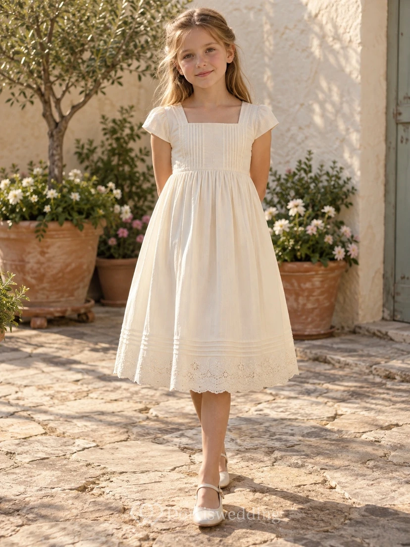 Square Neck Vintage Tea-length Cream Pintucked Short Sleeve Cotton Flower Girl Dress