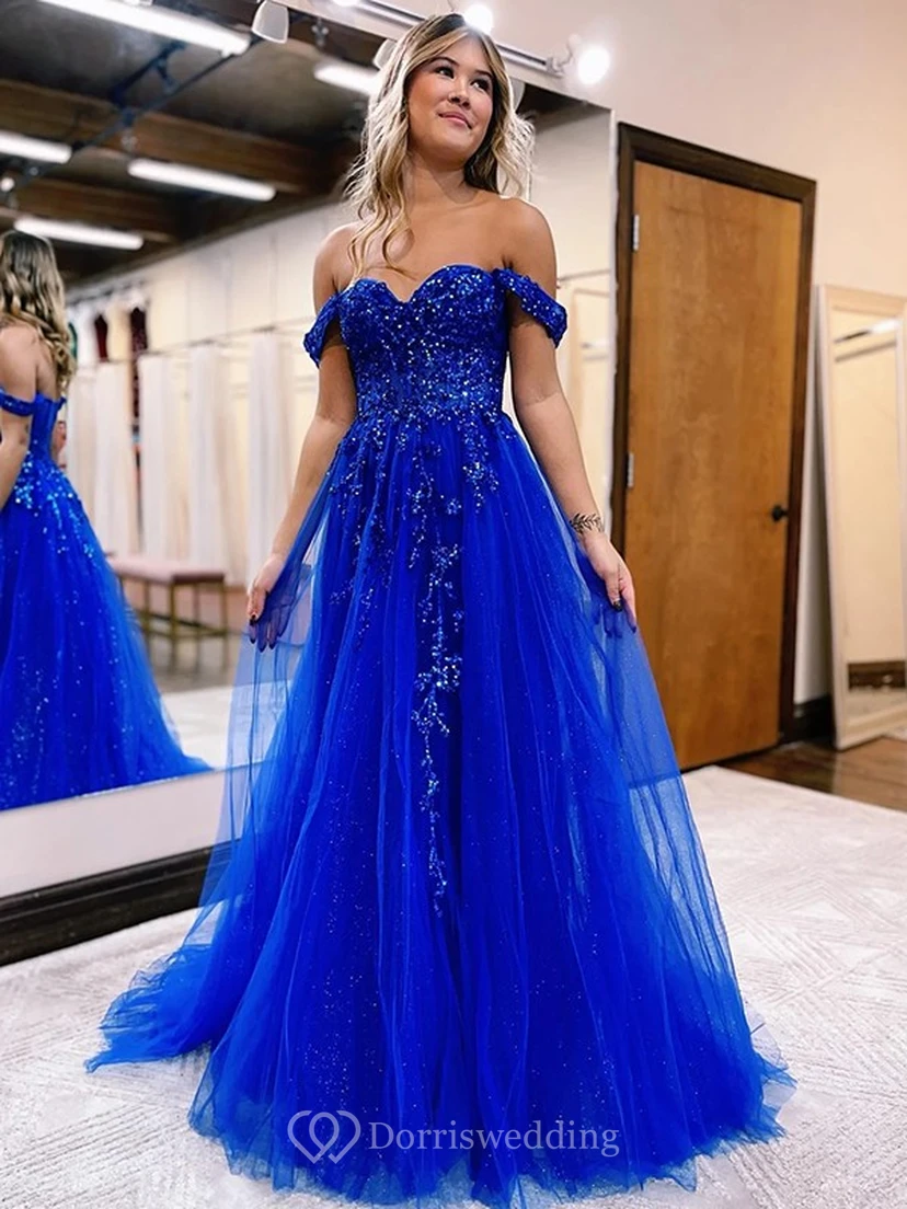 Blaues schulterfreies Tüll-Abendkleid mit Schlitz vorne und Perlenstickerei view 4