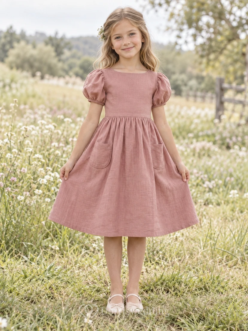 Simple Dusty Rose Knee Length Puff Sleeve Pocketed Linen Flower Girl Dress