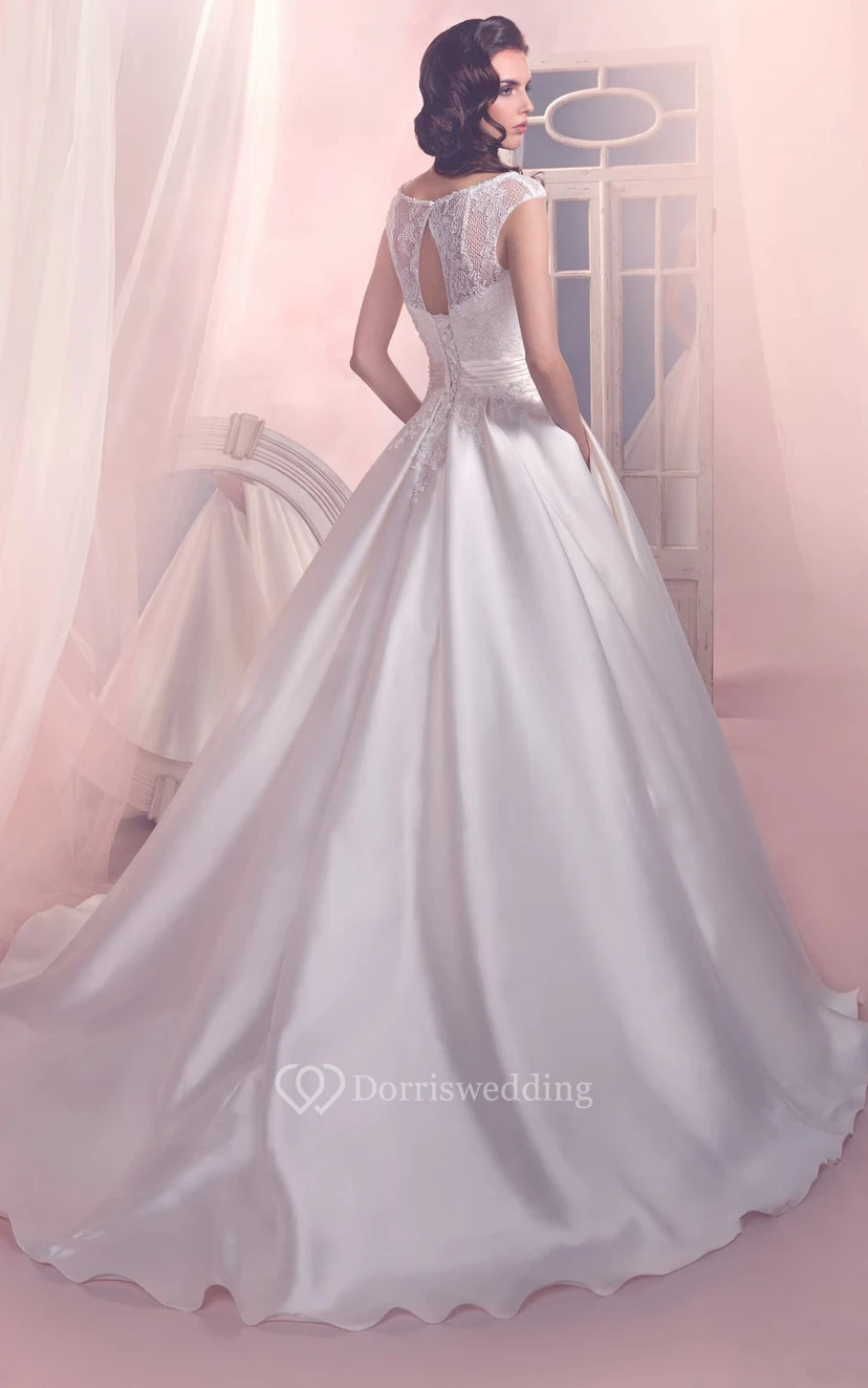 A-Line Long Bateau-Neck Cap-Sleeve Lace-Up Satin Dress With Bow And Pleatings view 2