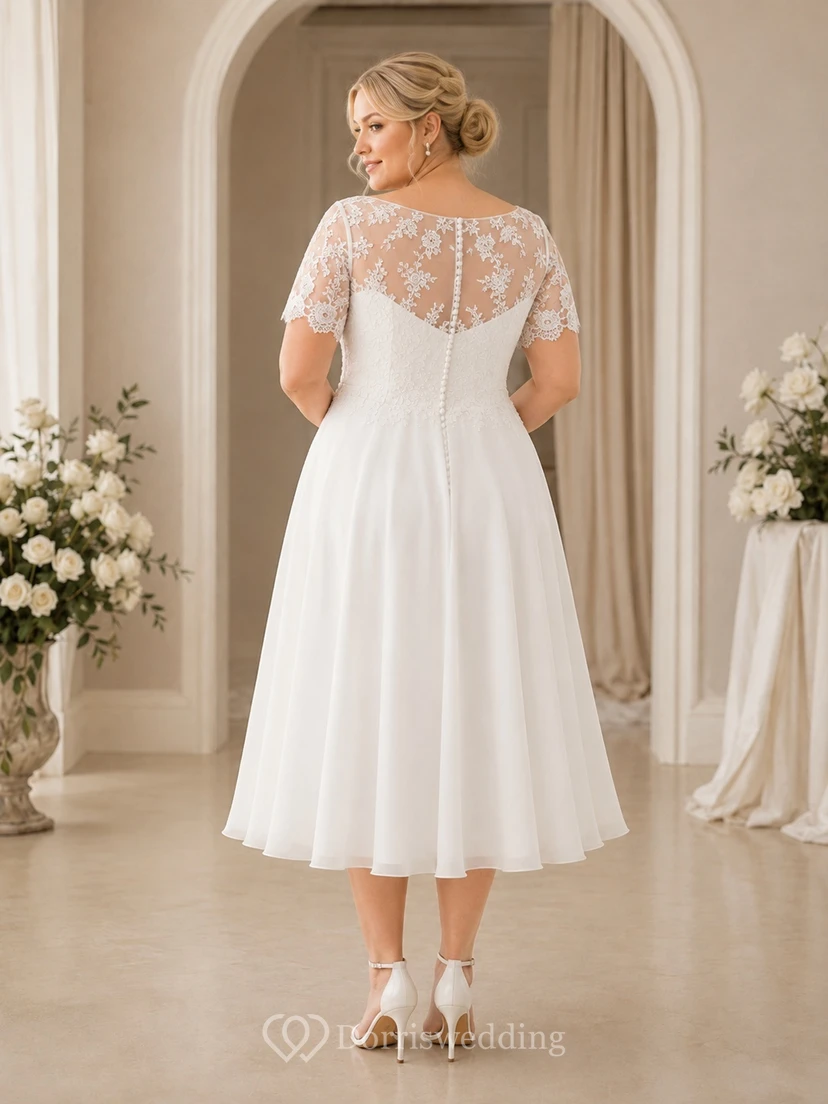 Preisgünstiges, romantisches Brautkleid in Übergröße mit Spitze, Schmucksteinen, kurzen Ärmeln, A-Linien-Schnitt und Teelänge view 2