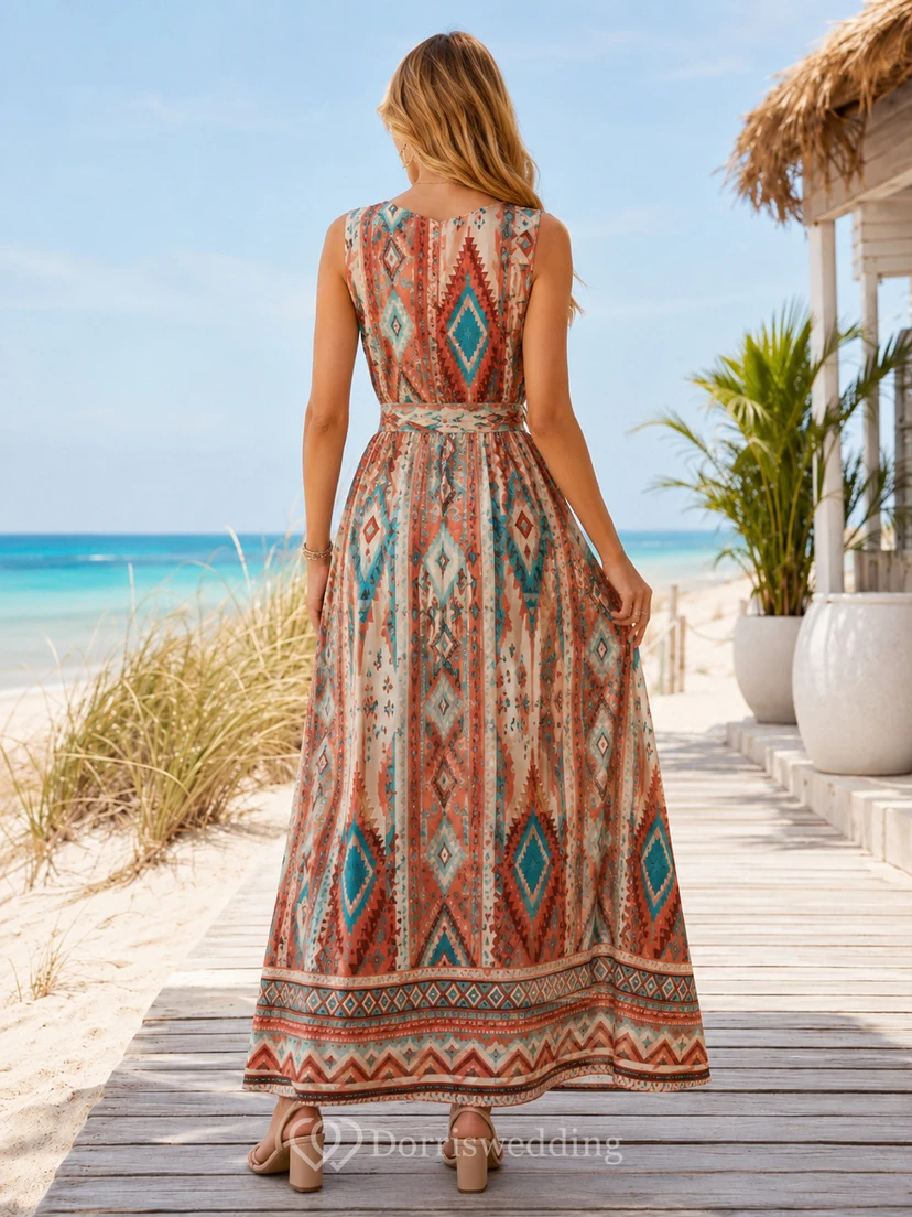 Robe longue de vacances trapèze à col en V et ceinture, style tribal géométrique view 2