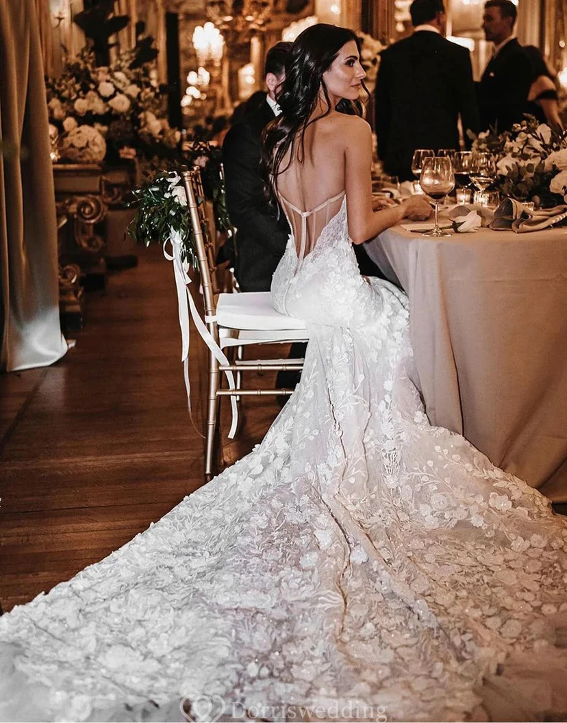 Romantic Strapless Lace Mermaid Wedding Dress with Floral Appliqués view 5
