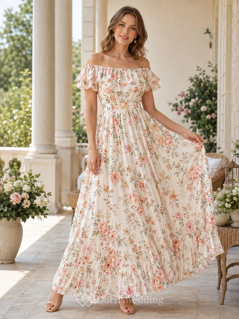 Vestido largo de gasa rosa empolvado con estampado floral, escote Bardot y manga corta, corte en A.