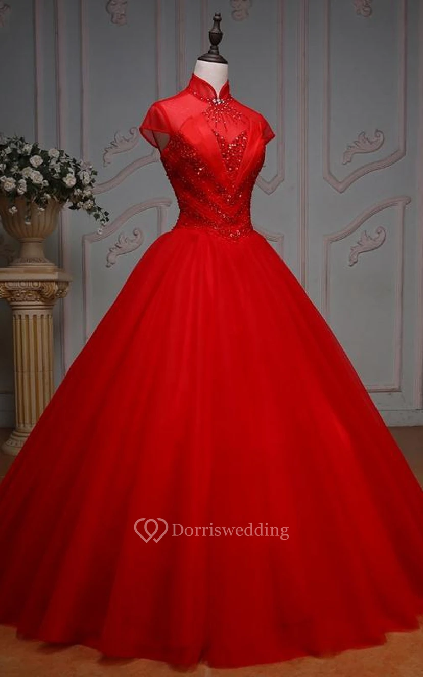 Ball Gown Long High Neck Bell Cap Pleats Beading Lace-Up Back Tulle Lace Dress view 3
