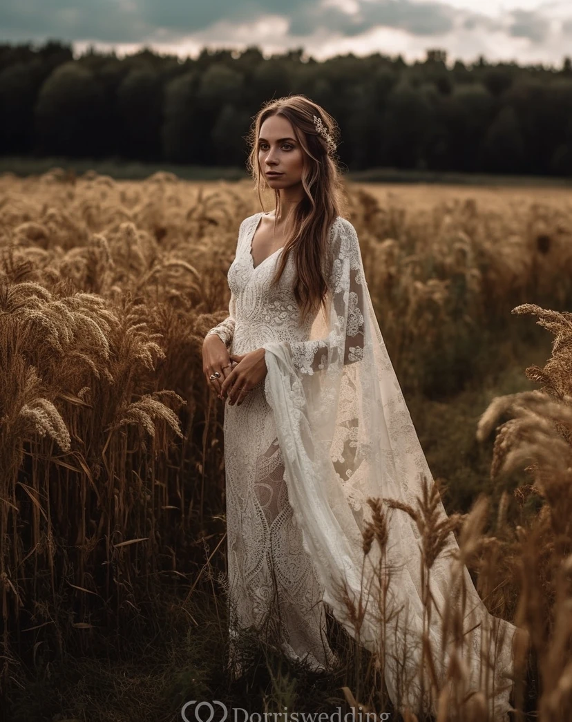 Boho Lace Illusion Flowy Sheath Cape Wedding Dress view 5