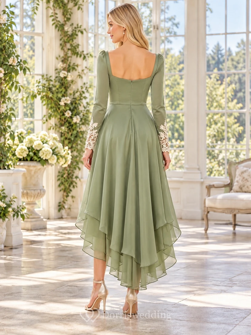 High-low Long Sleeve Sage Satin Sweetheart Lace Cuff Evening Dress view 2