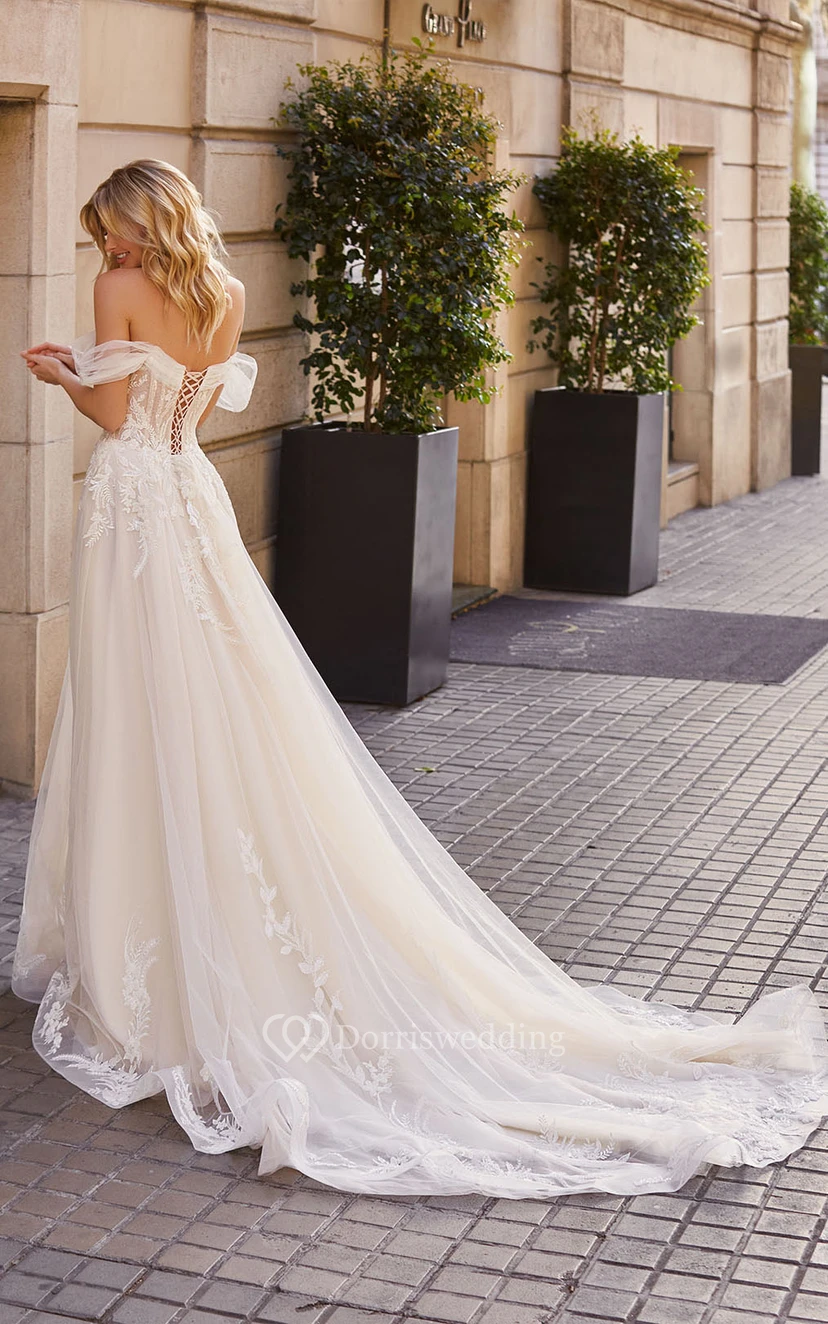 Märchenhaftes schulterfreies, gerafftes A-Linien-Brautkleid aus Tüll und Spitze mit Korsettrücken view 2