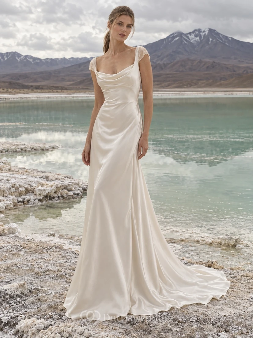Sencillo vestido de novia vintage de charmeuse con cuello drapeado y mangas cortas transparentes.