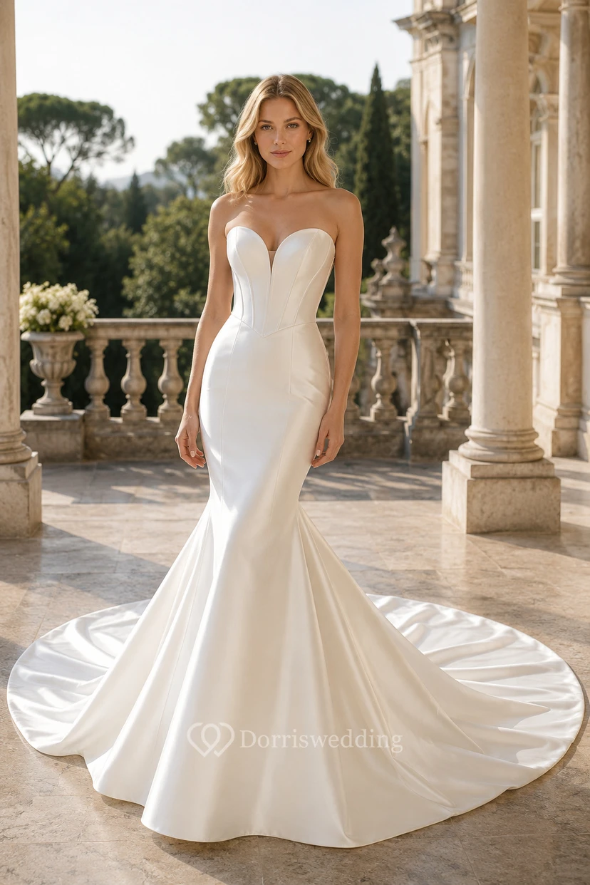 Strapless Satin Mermaid Wedding Dress with Chapel Train